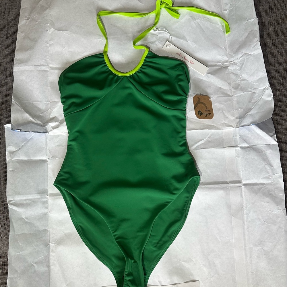 Green One-Piece Swimsuit with neon accents. Size SMALL